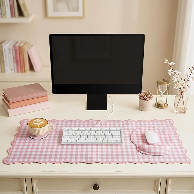 Pink Gingham Desk Mat Set with Wrist Rest, Ergonomic Design, Scalloped Edge Keyboard Mouse Pad Set Large 35.4x15.7 Inch, Memory Foam Wrist Support, Non-Slip Desk Pad Home Office Decor