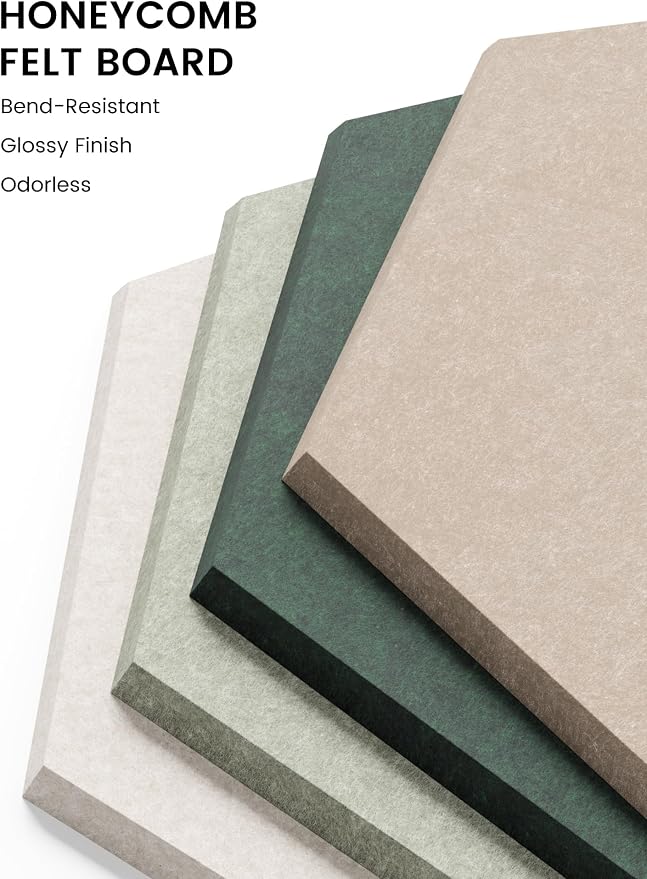 Fluxynara 12-Pack Hexagon Felt Bulletin Board Tiles, Nordic Moss-1 | Cork Board Alternative with 60 Adhesive Tabs for Notes, Photos and Reminders in Home Offices, Dorm and Classrooms