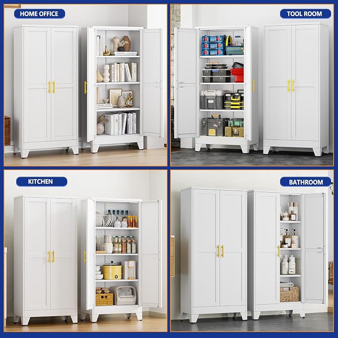 Metal Storage Cabinet with 2 Doors and 3 Adjustable Shelves - 61" Steel File Cabinet,Tool Cabinets for Office,Home,Garage,Gym,School,Bathroom,Kitchen(White)
