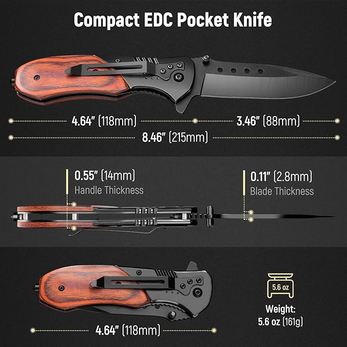 Pocket Knife for Men - Sharp Blade Wood Handle Pocket Folding Knives with Clip, Glass Breaker - EDC Knives for Survival Camping Hunting Fishing Hiking Women, Large, Black