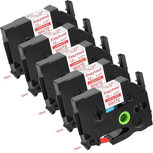 5 Pack Esaytool Replacement for P-Touch TZe-232 0.47" 12mm Red on White | 1/2" TZe232 TZ232 Laminated Label Tape Compatible with Ptouch PT-D210 D220 H110 H100 P710BT D220 D410 D600 D450 Label Maker