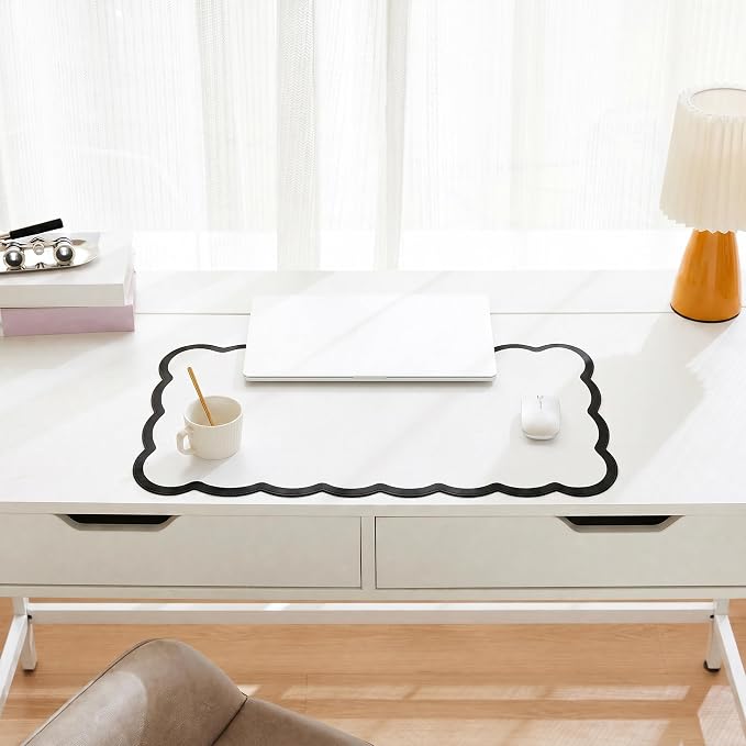 Scalloped Desk Mat, 23.6" x 11.8" Cute Small Aesthetic Desk Accessories, PU Leather Computer Laptop Desk Mouse Keyboard Pad, Desk Writing Mat for Vanity/Work/Home Decor Black