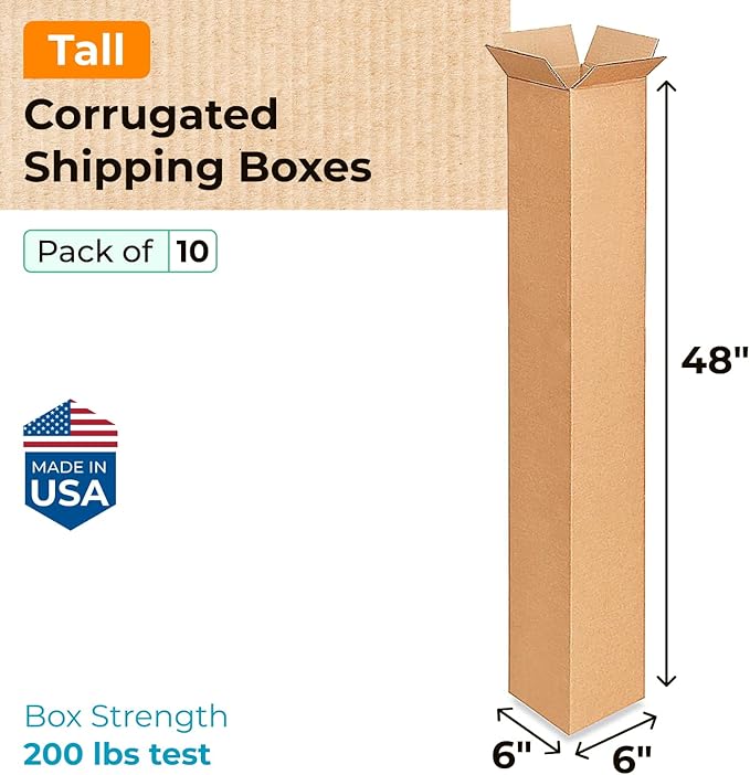 Tall Moving & Shipping Boxes 6x6x48 inches (10-Pack) - Extra Strength 200 lb vs Regular - USA-Made Corrugated Durable Packing Boxes - Cardboard Box Moving Stuff - Eco Shipping Box by IDL Packaging