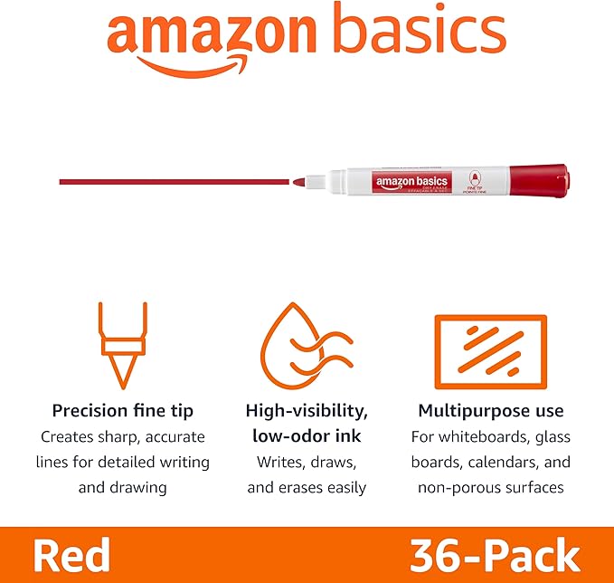 Amazon Basics Low-Odor Dry Erase Whiteboard Markers, Fine Tip, Quick-Dry, Red, 36-Pack