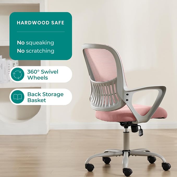 OLIXIS Home Office Chair, Mesh Desk Chair, Ergonomic Lumbar Support | Mid Back Computer Ergonomic, Height Adjustable Swivel Task, Large Seat Armrest, Adults, Pink