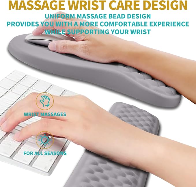 Hokafenle 2 In 1 Ergonomic Mouse Pad Wrist Support & Wrist Rest For Computer Keyboard Set, with Relieve Carpal Tunnel Pain Massage Bulge and Full Memory Gel Design (2In1 Set,Neutral Gray Light Purple)