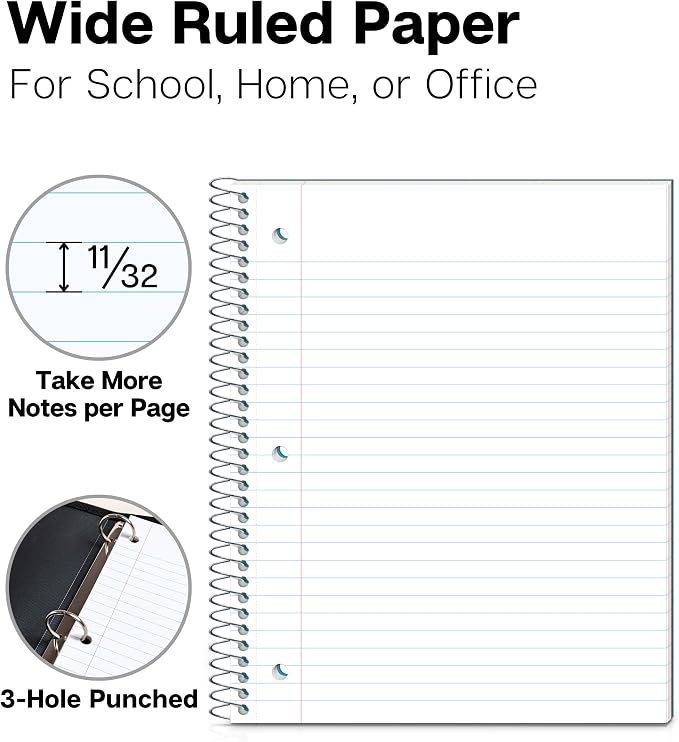 Dunwell 1 Subject Spiral Notebook, Blue Plastic Cover, 100 Sheets (200 Pages) 8x10.5 Paper, Wide Ruled Composition Notebooks with Poly Pocket Dividers, 3-Hole Punch Perforated Pages | 100 Sheets (200 Pages), Wide Ruled Paper, Poly Pocket Dividers, 3-Ho...