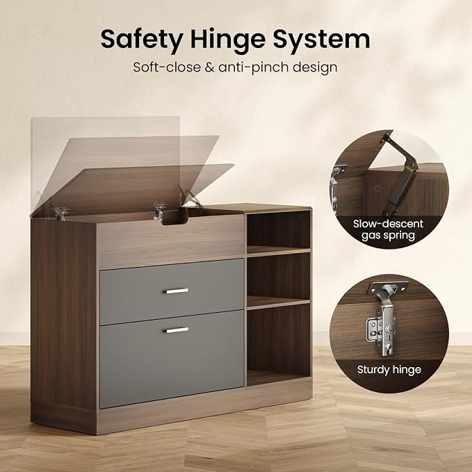 47.2" Office Storage Cabinet with Drawers, Flip-Top File Cabinet | Office Storage Cabinet,Flip-top Hidden Storage, 2 Drawers,Legal / Letter / A4 File Drawer, Adjustable Shelf, Black Walnut