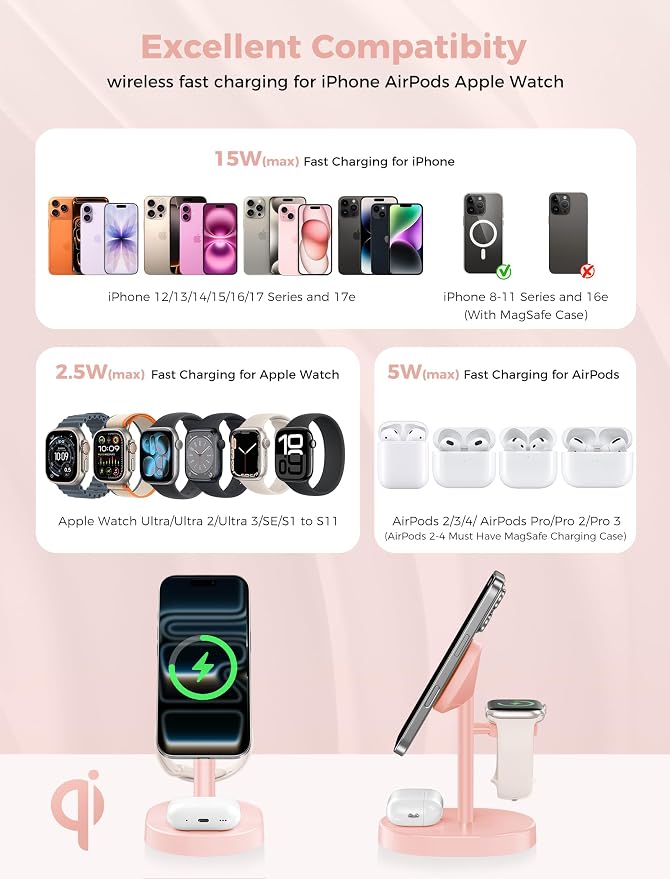 2026 3 in 1 Wireless Charging Station for Apple MagSafe Charger, 15W Fast Mag-Safe Charger Stand for iPhone 17 16 15 14 13 12 Apple Watch AirPods Compatible with MagSafe, Pink