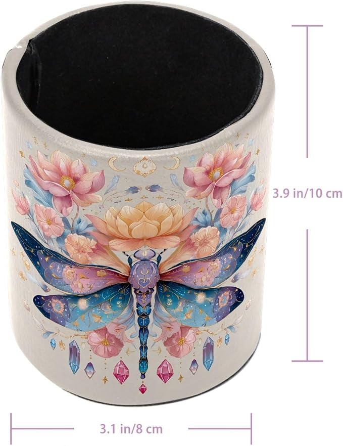 Leather Pen Holder for Desk, Dragonfly Pencil Cup Pen Organizer Makeup Brush Holder for Office Home Kids Countertop Desk Accessory Storage
