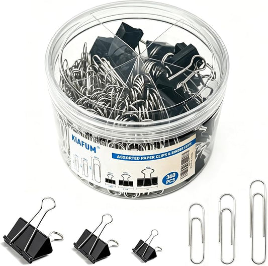 360 Pack Paper Clips and Binder Clips Set – Mixed Sizes Paperclips with Assorted Medium & Large Binder Clips for Office School Home Organization