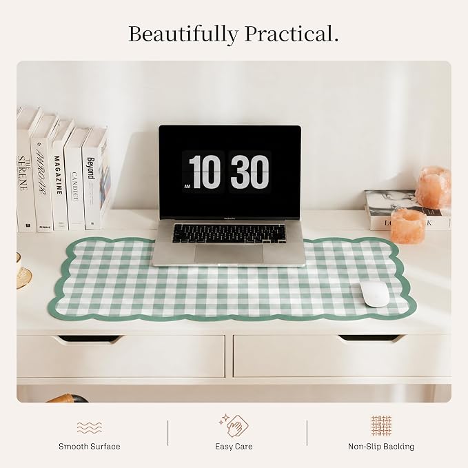 Ohocut Scalloped Gingham Checkered Desk Pad，Green：31.5" x 15.7" | Large, Premium Faux Leather, Anti-slip Bottom, Water Repellent, Easy to Clean, Aesthetic Trendy Design