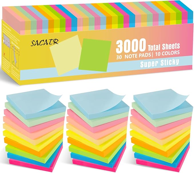 SACATR 100 Sheet/Pad Sticky Notes, 30pad,3x3 inches,Total 3000 Sheet | Add 100 Sheets Per Pad, 10 Bright Color,Strong Adhesive Leaves No Residue,Ideal for Office Bulk Purchase