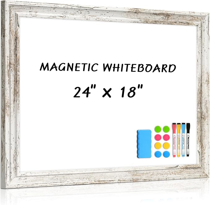 White Board for Wall, 24'' x 18'' Magnetic Dry Erase Board, Rustic | Wooden Frame, Decorative Whiteboard, Wall Mounted, for Home, Office, Kitchen, Dorm, 4 Markers, 6 Magnets, A Eraser