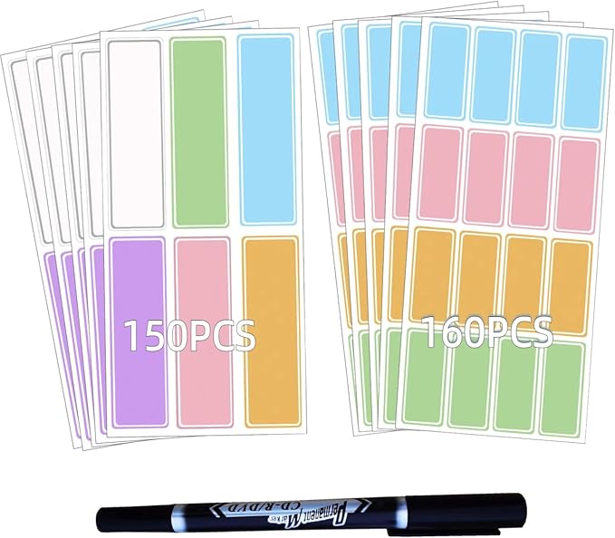Assorted Colors Waterproof Removable Labels with Pen Adhesive Name Stickers | 310Pcs Nametags for Water Bottles,Baby Daycare,Kids School Supplies,Home Office Organization