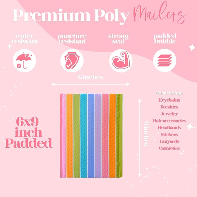 Bubble Mailers 6x9, Pastel Stripe, 25 Pack | Heavy Duty, Waterproof, Self Seal, Tear Resistant, Designer Bubble Mailing Envelopes for Small Business Packaging