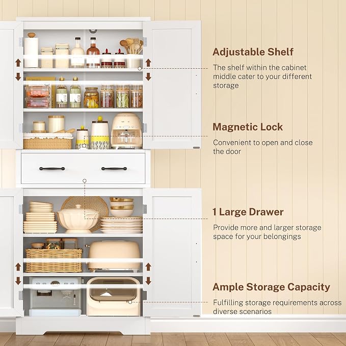 Tall Storage Cabinet with 2 Adjustable Shelves & 1 Large Drawer, Kitchen Pantry Cabinet with 4 Doors, Bathroom Storage Cabinets, for Living Room, Kitchen, Bathroom, White