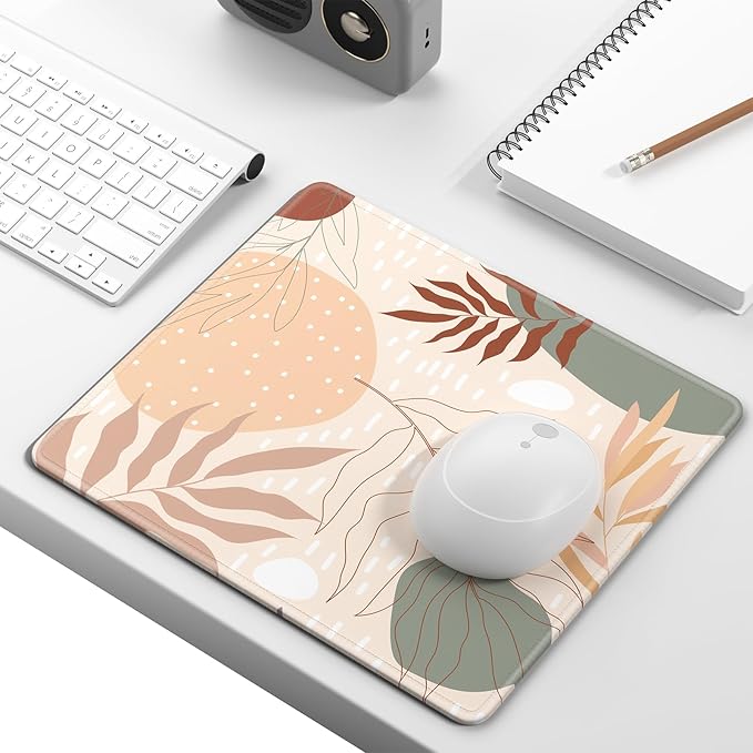 Mouse Pad, Minimalism Marble Style Computer Pad, Anti-Slip Rubber Mouse Mat with Stitched Edges for Gaming, Office, Laptop, PC, Women, 9" x 8" Thick 3 mm, Minimalist Leaves