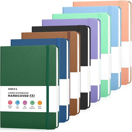 OMEYA 8 Pack Lined Journal Notebooks for Work, 100gsm Thick Paper, 5.7"x 8.3", College Ruled A5 Notebook Bulk, Leather Journal for Writing, Hardcover Notebooks for School, Office, Journal for Women