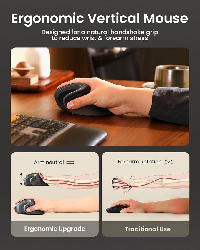 ProtoArc EM11 NL Wireless Ergonomic Vertical Mouse, Rechargeable, Gray | 58° vertical design supports a natural wrist posture, connect 3 devices via Bluetooth/2.4G USB-A, 500mAh USB-C rechargeable.