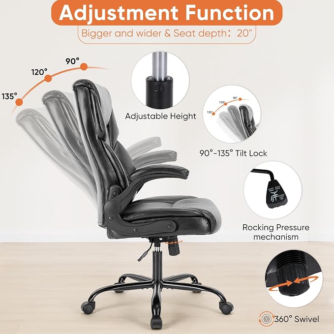 Sweetcrispy Computer Desk Chair, Lumbar Support Video Game Chair PU Leather | High Back Heavy Duty Task Desk, Flip-up Arms, Rolling Wheels, PU Leather, Inky