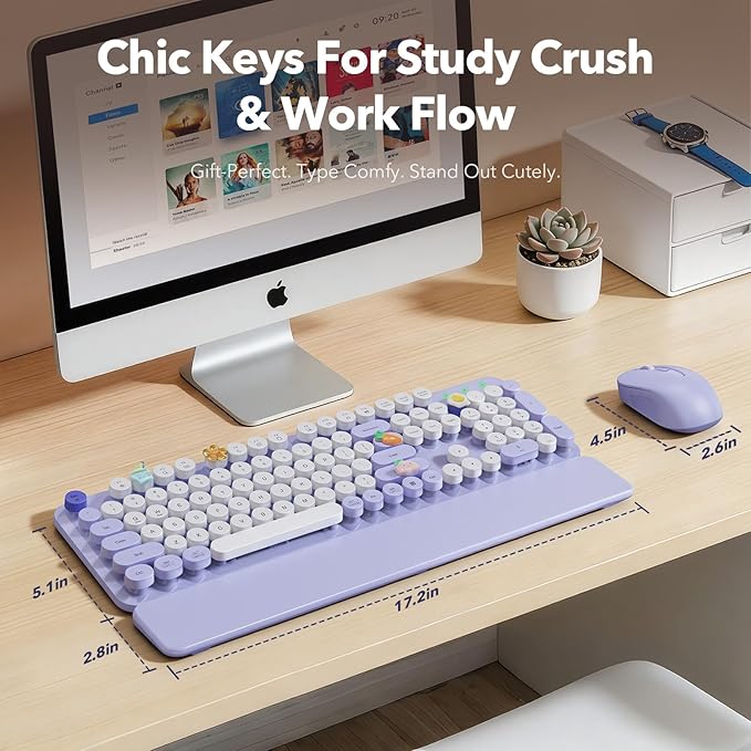Wireless Keyboard and Mouse Combo, Cute Round Keycaps, Full-Size Retro Typewriter Keyboard with Detachable Wrist Rest, 2.4GHz Cordless Connection for Mac/Windows/PC/Laptop (Purple-Colorful)