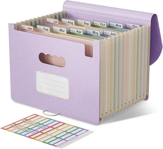 Accordion File Organizer, 12-Pocket Wheat Straw Expanding File Folder, Portable Monthly Bill & Tax Receipt Organizer, Letter/A4 Size Document Holder with Colorful Tabs-Lavender Purple