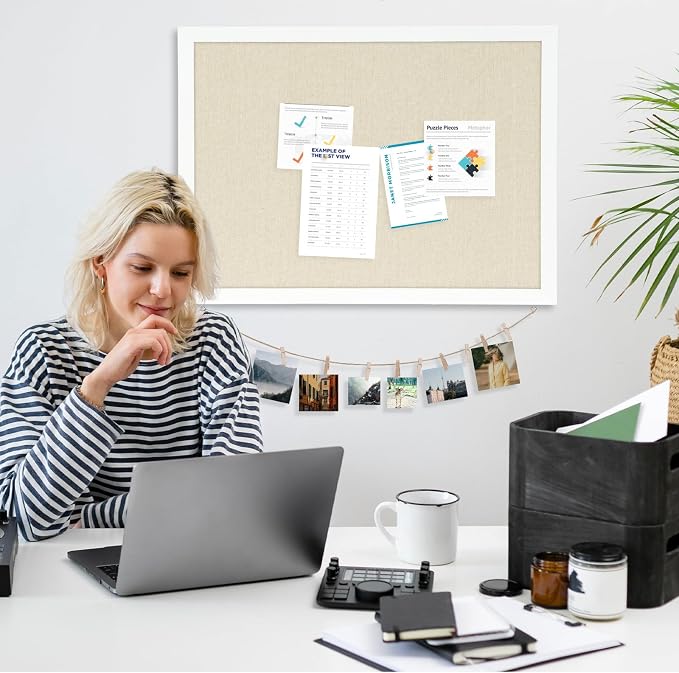 DOLLAR BOSS Double-Sided Bulletin Boards with Linen, 36"x24" Cork Board | Corkboards for Walls, Framed Pin Board, Picture Display Vision Board, For Office Home School, 20 Pushpins 10 Clips