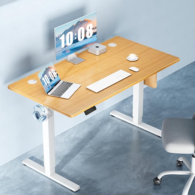 DUMOS 40 Inch Electric Standing Desk, Memory Adjustable Home Office Desk | Sit Stand Up Desk for Work Home Office,Adjustable Desk, Rising Computer Table with Splice Board,Cable Management,Hook,Oak