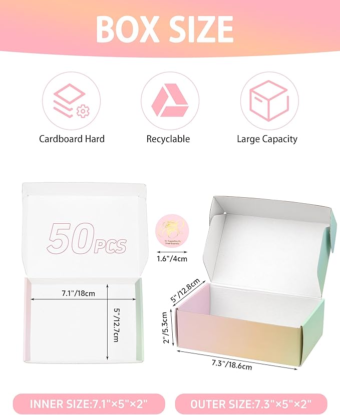 7x5x2 Inch Small Shipping Boxes, Pack of 50 Colored Cardboard Boxes, Cute Mailing Packaging Box for Gift