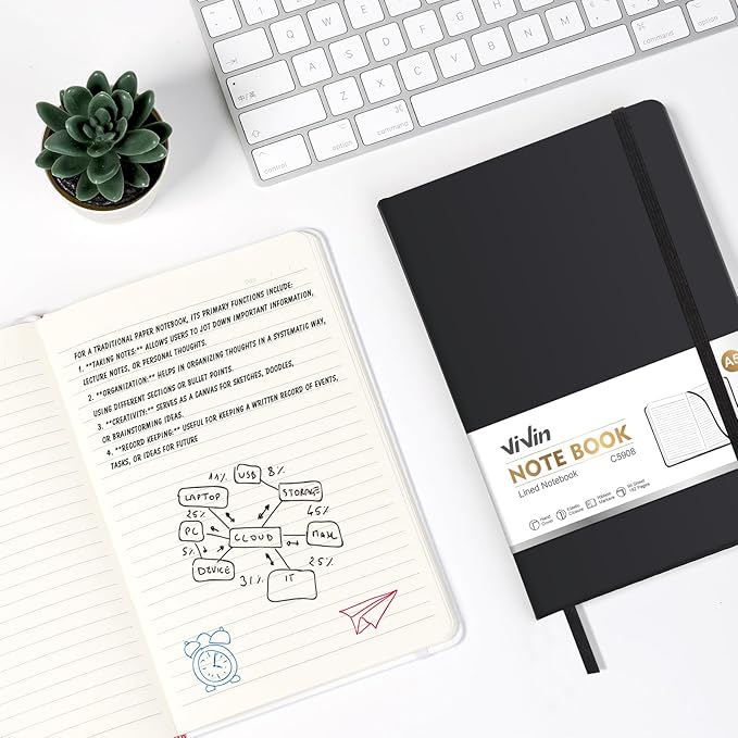 ViVin Lined Journal Notebooks for Work, 192 Pages, Medium 5.5 x 8.3 inch, College Ruled, A5 Hardcover Journaling Notebooks for Writing，Black，1 Pack