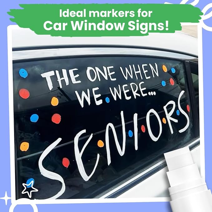Chalkola 15mm Jumbo Car Window Markers for Glass Washable | 2 White 2 Black | 4, 15mm Thick Chalk Pens Safe Erasable Liquid Chalk Markers for Blackboard, Chalkboards, Glass Board, Auto, Mirror, Wedding