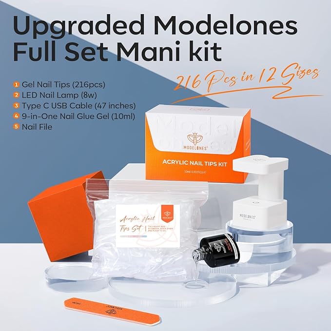 modelones X Nail Gel Kit Kit Medium Almond, 9-in-One Nail Glue with Portable U V Lamp 216Pcs 12Sizes Pre-Etched Press ons Fake Acrylic Extension Kit DIY Salon Gift for Women