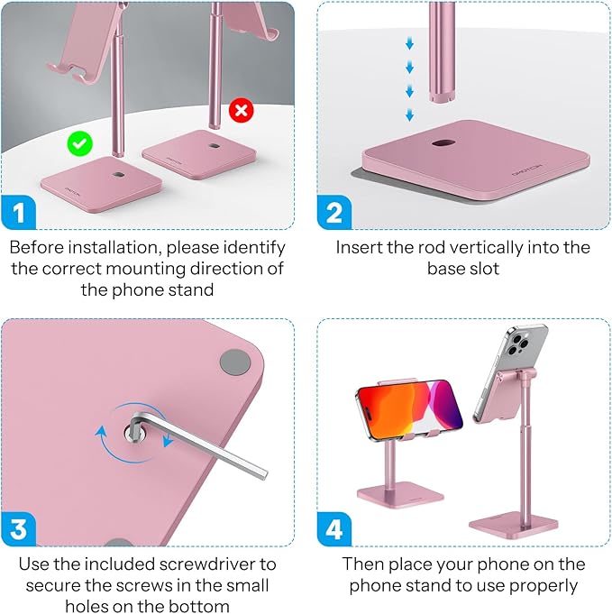 OMOTON Cell Phone Stand, Adjustable Angle Height Desk Phone Dock Holder for iPhone Air/17 Pro Max / 11 Pro/XS Max/XR, Samsung Galaxy S20 / S10 / S9 / S8 and Other Phones (3.5-7.0-Inch), Rose Gold