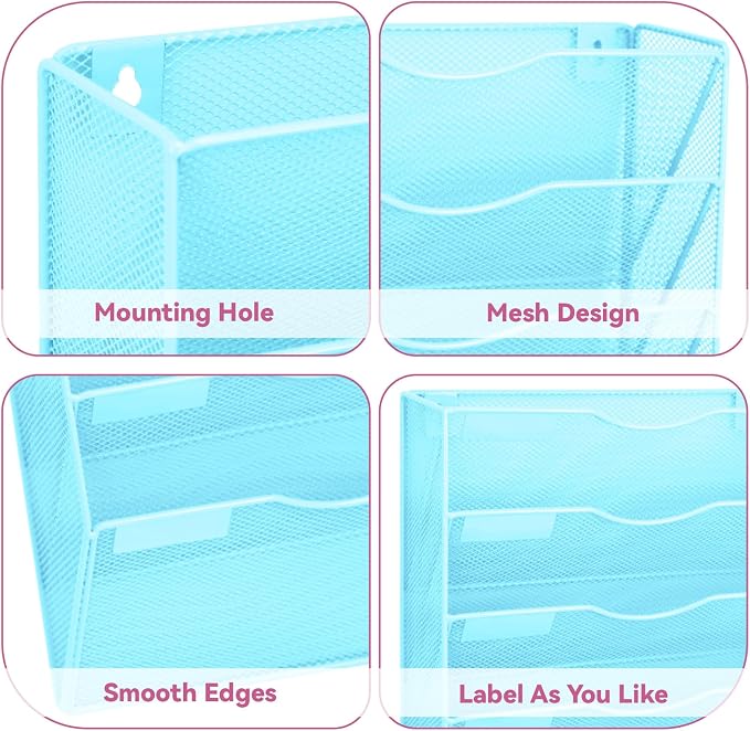 5 Pockets Mesh Wall File Holder Organizer Office Hanging File Folder Magazine Rack, Nametag Label Hooks Set Included (Blue)