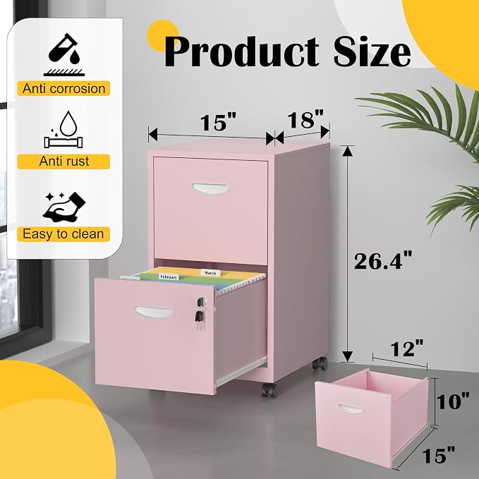 SteeLoong 2 Drawer File Cabinet,Metal Mobile File Cabinet with Lock Pink | Filing Cabinet with Wheel,Vertical File Cabinet for Home Office,Under Desk Rolling File Cabinets for Hanging Letter/A4