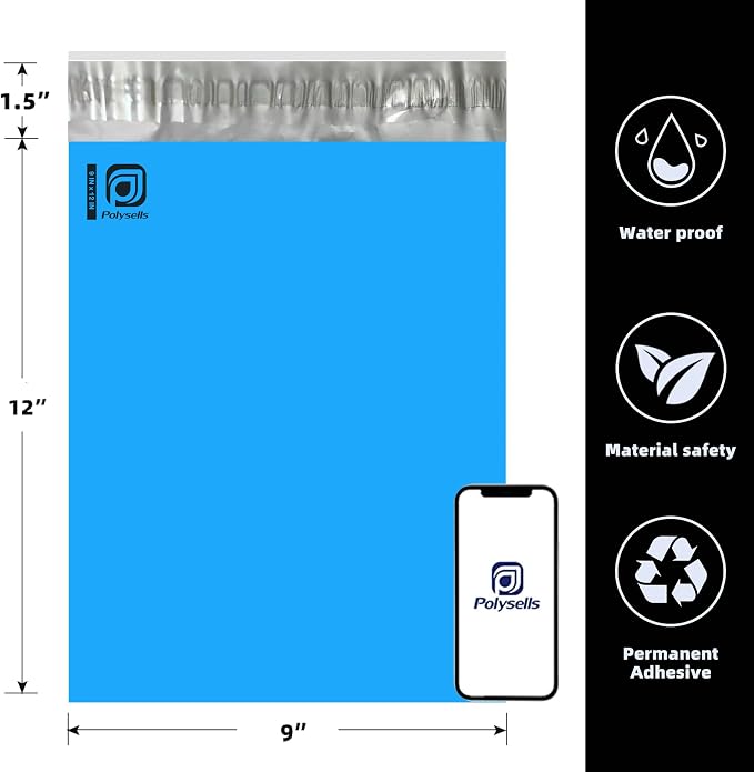 POLYSELLS 100 pcs 9x12 Inches Blue Poly Mailers Shipping Envelopes, Strong Adhesive Sealing, Waterproof, and Tear-resistant Postal Mailing Bags for Clothing and Accessories