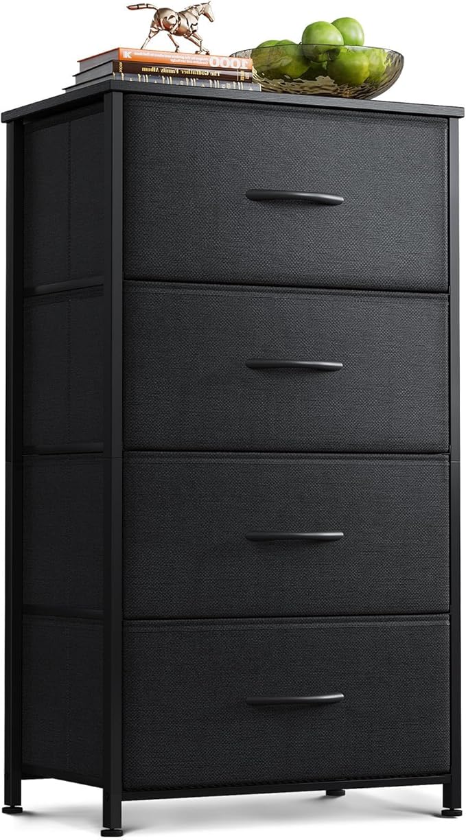 AODK Small Dresser for Bedroom with 4 Storage Drawers, Black | Dressers Chest of Drawers Fabric Dresser with Sturdy Steel Frame, Dressers for Closet with Wood Top
