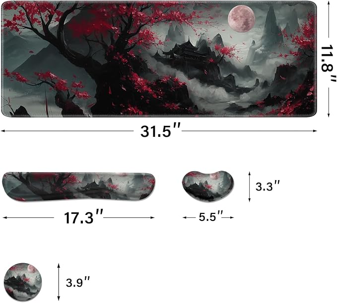 Desk Pad and Keyboard Wrist Rest,Janpense Large Mouse Pad + Keyboard Pad+Mouse Wrist Support, Non-Slip Desk Mat Protector for Office, Home 31.5×11.8 Inches Cherry Blossom