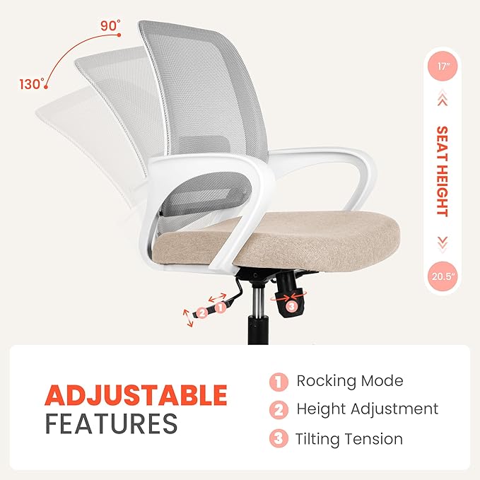 NEO Chair Office Desk Ergonomic Mesh Computer Chair with Lumbar Support Adjustable Height Swivel Rolling Wheels Comfy Mid Back Task Chair for Home Bedroom Vanity Study (Beige)
