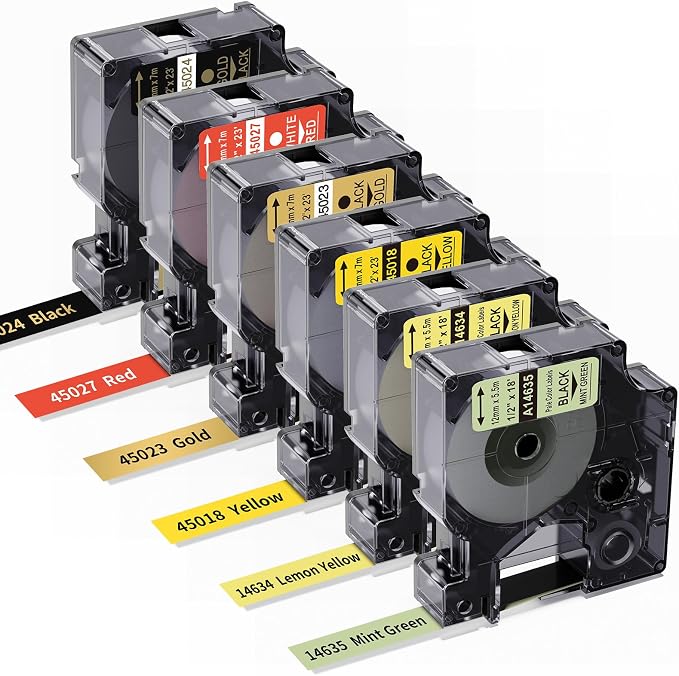 6X Colored Label Compatible with DYMO Label Maker Refills D1 1/2 Inch 23 Ft | Colored Warning Set (Mint Green/Pale Yellow/Yellow/Gold/Red/Black), For labelmanager 160 210D 260P 280 360D 420P 500TS 640CB