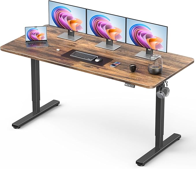 Standing Desk, Large Height Adjustable Electric Stand up Desk, 63 x 24 Inches Sit Stand Home Office Desk, with Splice Board, Black Frame/Rustic Brown Top