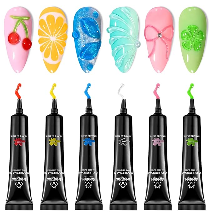 Beetles Sculpting Gel 3D Gel for Nail Art - 6 Colors No Wipe Nail Polish Rhinestone Nail Art Glue for Drawing Molding Sculpture Jewelry Decoration Manicure DIY Design