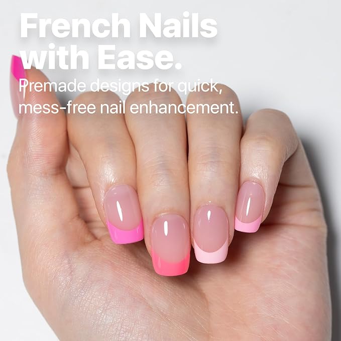 SXC Cosmetics French Tip Press On Nails 150 Pieces in 15 Sizes Ultra Fit with Pre-applied Tip Primer and Base Coat, No Need to File Fake Nails for Nail Art DIY X-Pro Tips (5PINK113-XS Square)