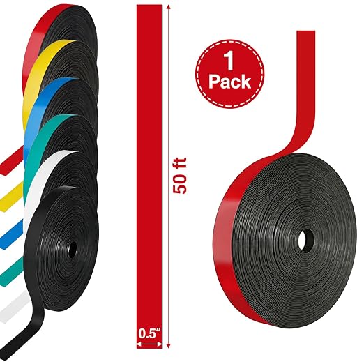CHUNNIAO 1/2" x 50' Red Magnetic Tape for Large Whiteboard in Classsroom,Gridding Line Tape,Teacher Must Have Magnet Border Strip