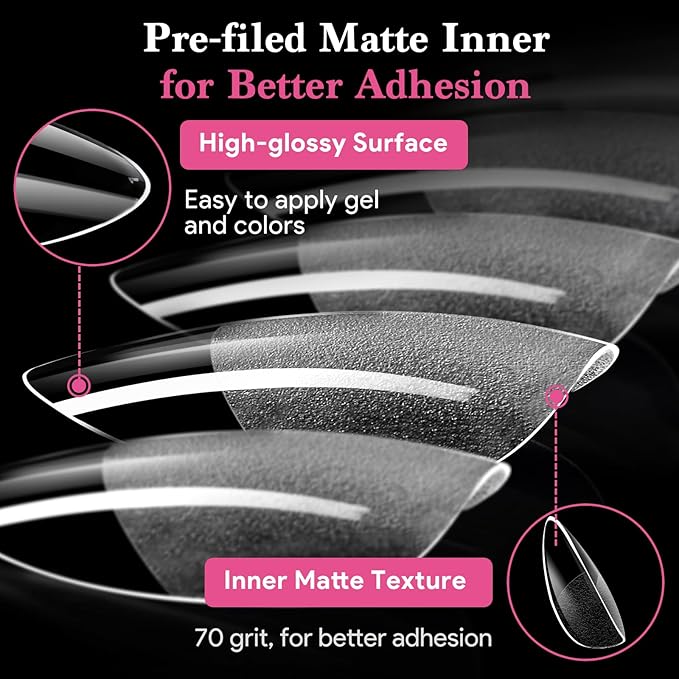 Medium Almond False Nail Tips, 15 Sizes 510 PCS Clear Soft Press On Fake Nail Pre-shaped Half Matte Full Cover Gel Nail Tips Extensions Strong Thick Long Lasting for DIY Beginners& Salon Manicure