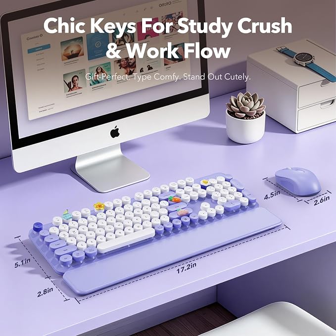 Wireless Keyboard and Mouse, Round Keycaps, Magnetic Wrist Rest, Purple | Full-Size Retro Typewriter-Style Keyboard, Tilt Legs, Auto Sleep, 2.4GHz Cordless for MacOS, Windows PC, Laptop, SABLUTE CK23