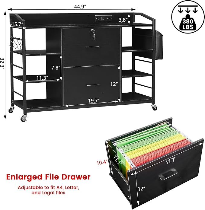 45" File Cabinet for Home Office, Mobile Office Storage Cabinet with Built-In Power Outlet, 2 Drawer Filing Cabinet with Lock, Shelves, Metal Hook, Storage Bag fits A4/Legal/Letter Size (Black)