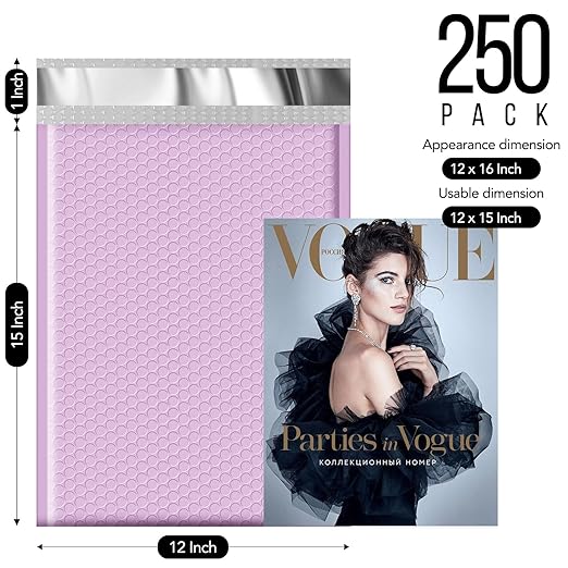 Fuxury Bubble Mailers 12x15" Lavender Purple Padded Envelopes 250 Pack Large Bubble Mailer Strong Adhesion Padded Mailer,Self-Seal Envelope for Mailing Small Business,Magazine, Clothing.