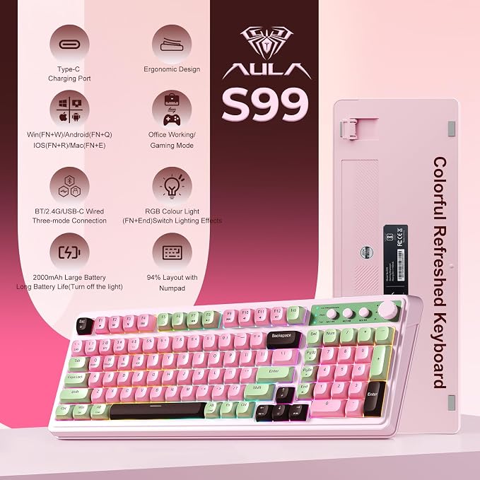 AULA Keyboard, Wireless Gaming Keyboard Creamy Bluetooth Computer Keyboards | 99 Key, Membrane Keyboard with Number Pad,RGB Backlit,Tri-Mode BT/2.4GHz/USB-C,Pink&Green&Coffee Color